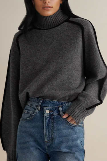 Relaxed Turtleneck Knit Sweater – Ribbed Contrast Piping Jumper