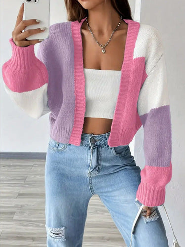 Cropped Colourblock Cardigan – Button Front Knit Cardi