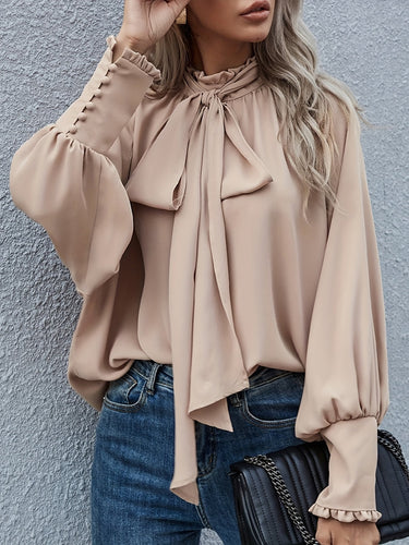 Tie-Neck Ruffle Blouse – Long Sleeve Gathered Cuff Top