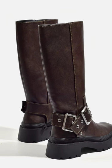 Knee-High Flat Boots – Chunky Sole Retro Buckle Faux Leather Boots
