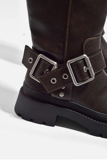 Knee-High Flat Boots – Chunky Sole Retro Buckle Faux Leather Boots