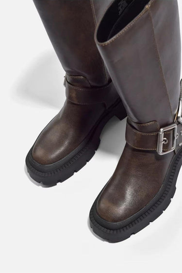 Knee-High Flat Boots – Chunky Sole Retro Buckle Faux Leather Boots
