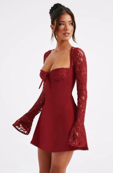 Red Lace Up Party Mini Dress