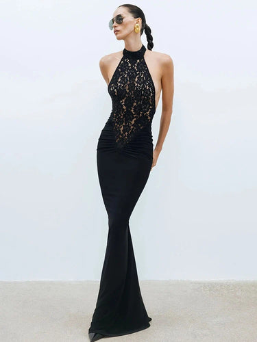 Lace Halter Maxi Dress – Sculpted Elegant Evening Dress for Women