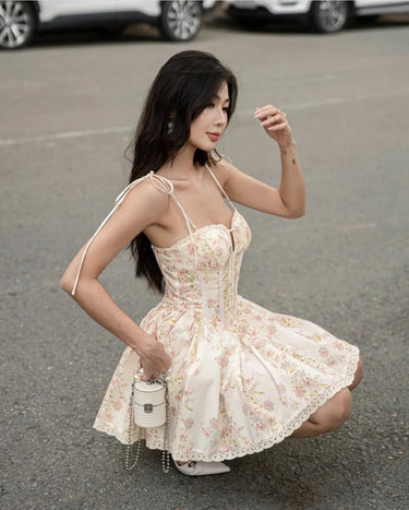 White Lace Tie-Waist Mini Dress – Corset Bodice Sleeveless Summer Dress