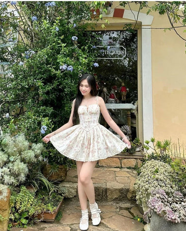 White Lace Tie-Waist Mini Dress – Corset Bodice Sleeveless Summer Dress