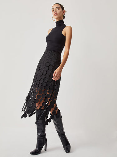 Black Laser Cut Midi Skirt – Sculptural Jacquard Knit Skirt