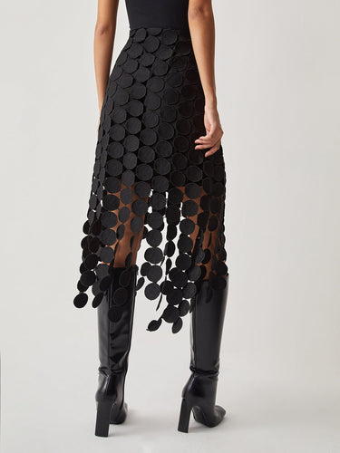 Black Laser Cut Midi Skirt – Sculptural Jacquard Knit Skirt