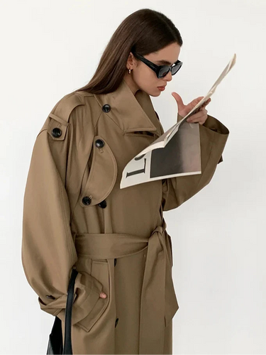 Oversized Longline Trench Coat – Double-Breasted Khaki Coat