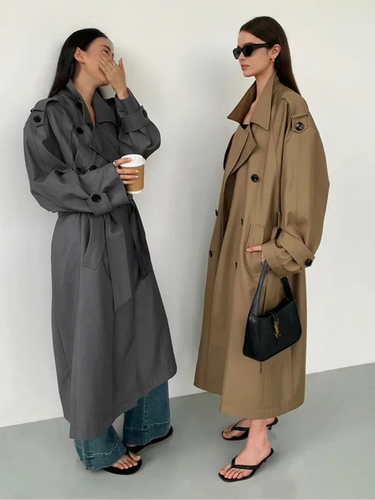Oversized Longline Trench Coat – Double-Breasted Khaki Coat