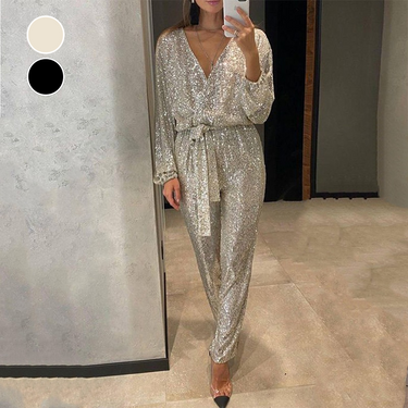 Black Sequin Jumpsuit – V-Neck Tie-Waist Formal Occasion Jumpsuit