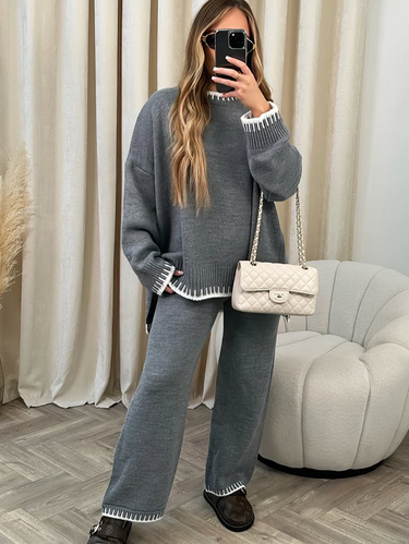 Contrast Trim Knit Lounge Set – Soft Two-Piece Cosy Co-Ord