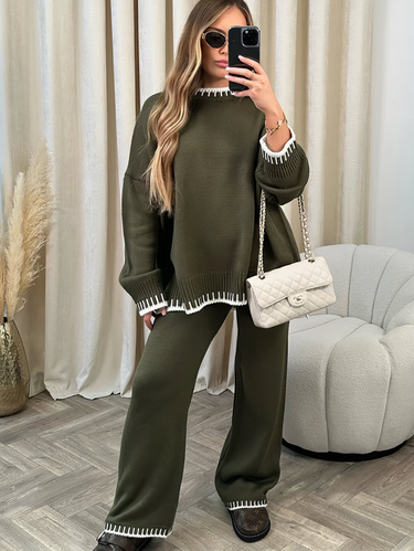 Contrast Trim Knit Lounge Set – Soft Two-Piece Cosy Co-Ord