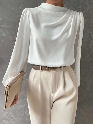 Black Bishop Sleeve Blouse – Draped Satin Statement Top