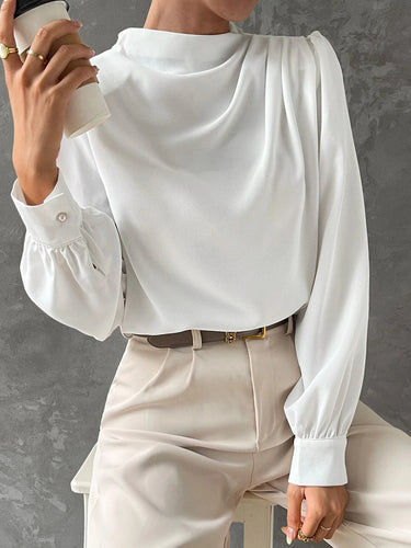 Black Bishop Sleeve Blouse – Draped Satin Statement Top
