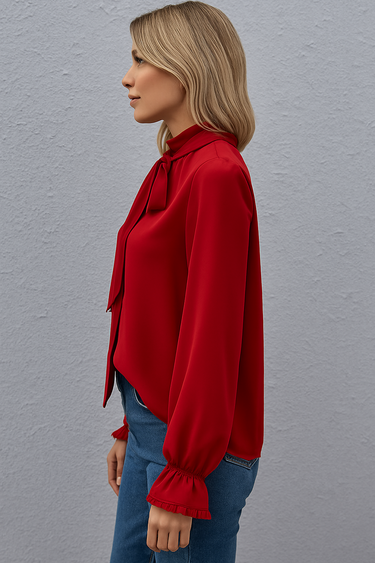 Tie-Neck Ruffle Blouse – Long Sleeve Gathered Cuff Top