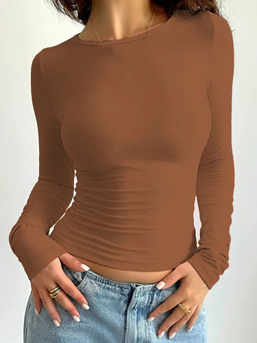 Pink Slim-Fit Long Sleeve Top – Stretchy Round Neck Fitted Top