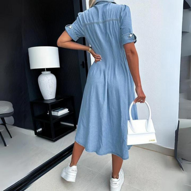 Denim Loose Midi Dress – Relaxed Casual Everyday Shirt Dress