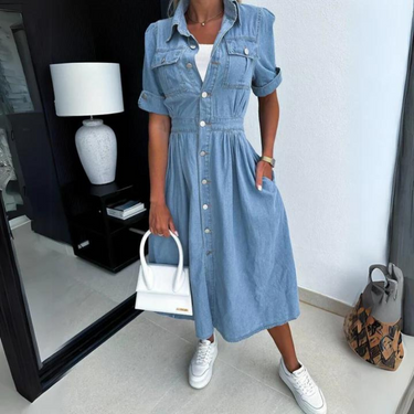 Denim Loose Midi Dress – Relaxed Casual Everyday Shirt Dress