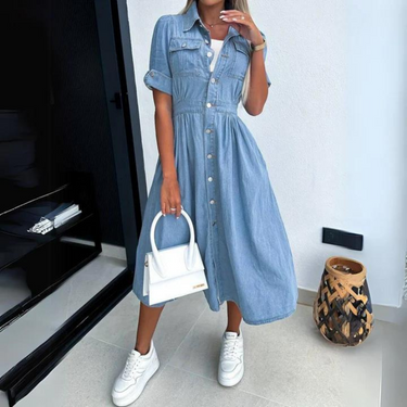 Denim Loose Midi Dress – Relaxed Casual Everyday Shirt Dress