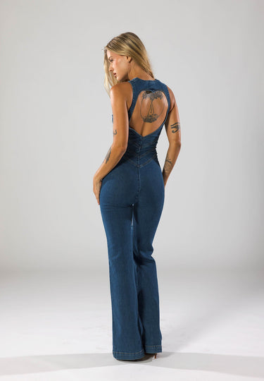 Denim Jumpsuit – Deep Plunge Heart-Neckline Statement Jumpsuit