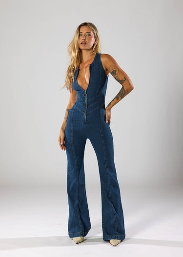 Denim Jumpsuit – Deep Plunge Heart-Neckline Statement Jumpsuit