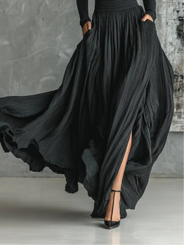 Women's Black Turtleneck Top and Pleated Midi Skirt Two-Piece Set