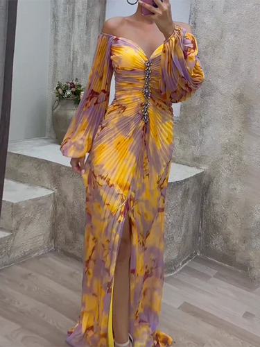 Yellow Off-Shoulder Pleated Evening Maxi Dress – Crystal Detail Formal Gown