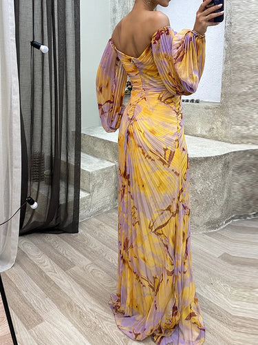 Yellow Off-Shoulder Pleated Evening Maxi Dress – Crystal Detail Formal Gown