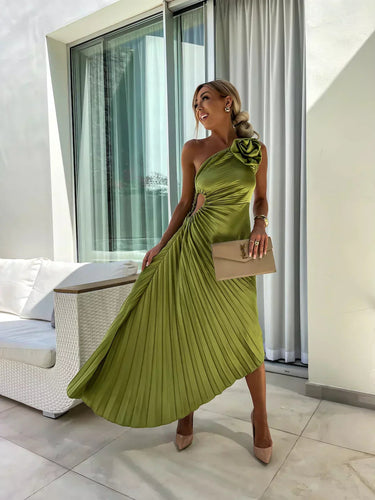 One-Shoulder Pleated Midi Dress – Floral Detail Special Occasion Dress