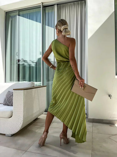 One-Shoulder Pleated Midi Dress – Floral Detail Special Occasion Dress