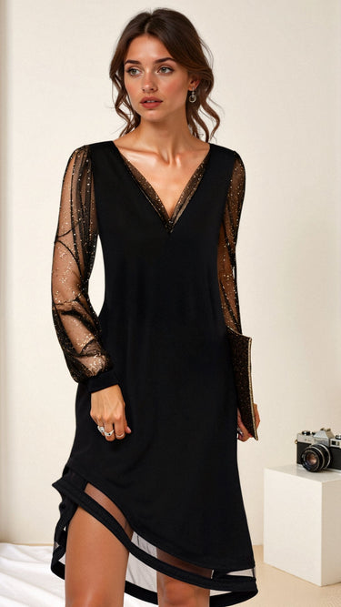 Black Sheer Sleeve Mini Dress – Metallic Accent Formal Party Dress