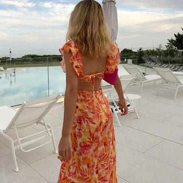 Orange Floral Ruffle Maxi Dress – Summer Cocktail Party Dress