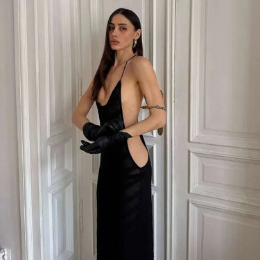 Black Sheer Halter Maxi Dress – Open Side Bodycon Evening Party Dress