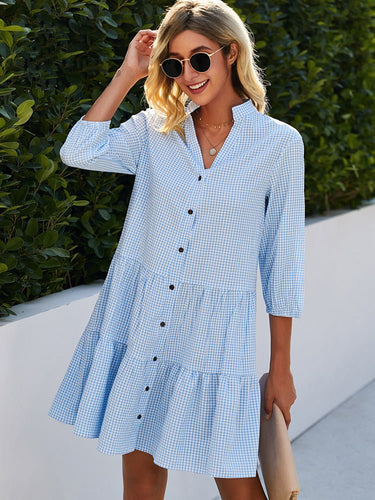 Light Blue Gingham Mini Dress – Relaxed Fit Casual Summer Dress