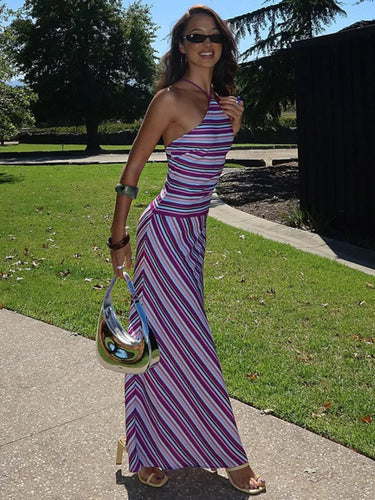 Lilac Striped Halter Maxi Dress – Backless Fitted Evening Party Dress