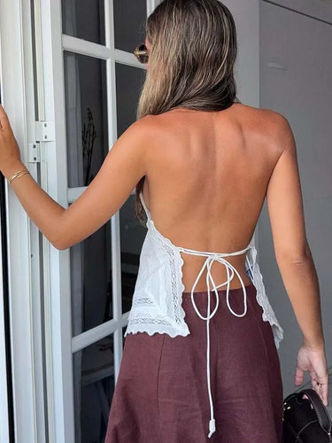 Lace Halter Top – Embroidered Sleeveless Backless Crop Top