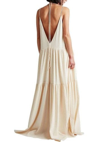 Cream Tiered Pleated Maxi Dress – Adjustable Strap Summer Casual Dress