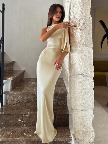 White Satin Maxi Dress – Asymmetric Draped Bow Neckline Evening Gown
