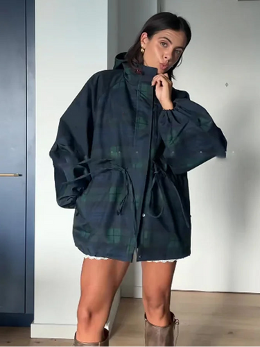 Oversized Plaid Hooded Jacket – Utility-Inspired Check Coat