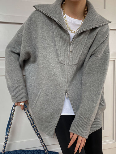 Oversized Open Collar Cardigan – Zip Knit Cardi