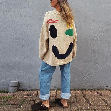 Smiley Face Oversized Cardigan – Novelty Print Knit Jumper