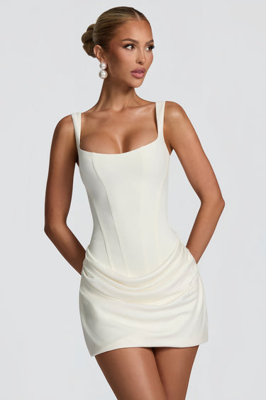 White Ruched Bodycon Mini Dress – Sculpted Figure-Hugging Party Dress