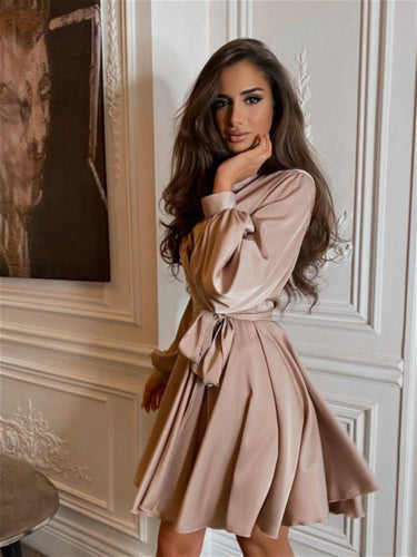Brown Satin Wrap Mini Dress – Long Sleeve Ruffled Champagne Party Dress