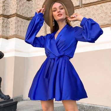 Brown Satin Wrap Mini Dress – Long Sleeve Ruffled Champagne Party Dress