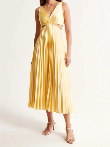 Yellow Pleated Maxi Dress – V-Neck Cut-Out Waist Summer Party Dress