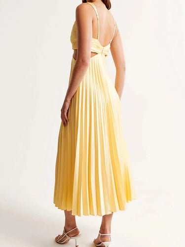 Yellow Pleated Maxi Dress – V-Neck Cut-Out Waist Summer Party Dress