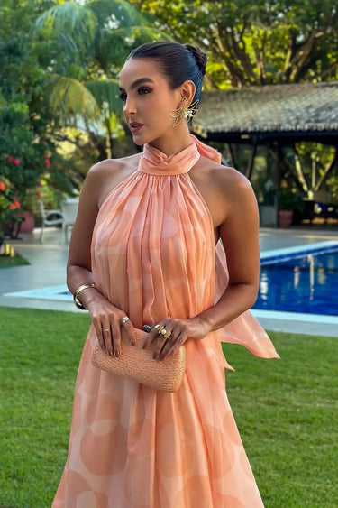 Halter Neck Chiffon Maxi Dress – Printed Wedding Guest Dress