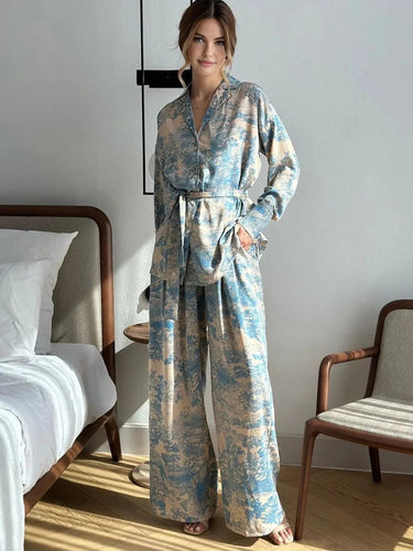 Printed Wide-Leg Co-Ord Set – Tie-Waist Shirt and Trouser Set