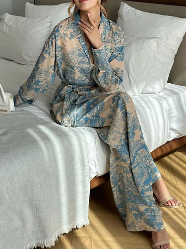 Printed Wide-Leg Co-Ord Set – Tie-Waist Shirt and Trouser Set